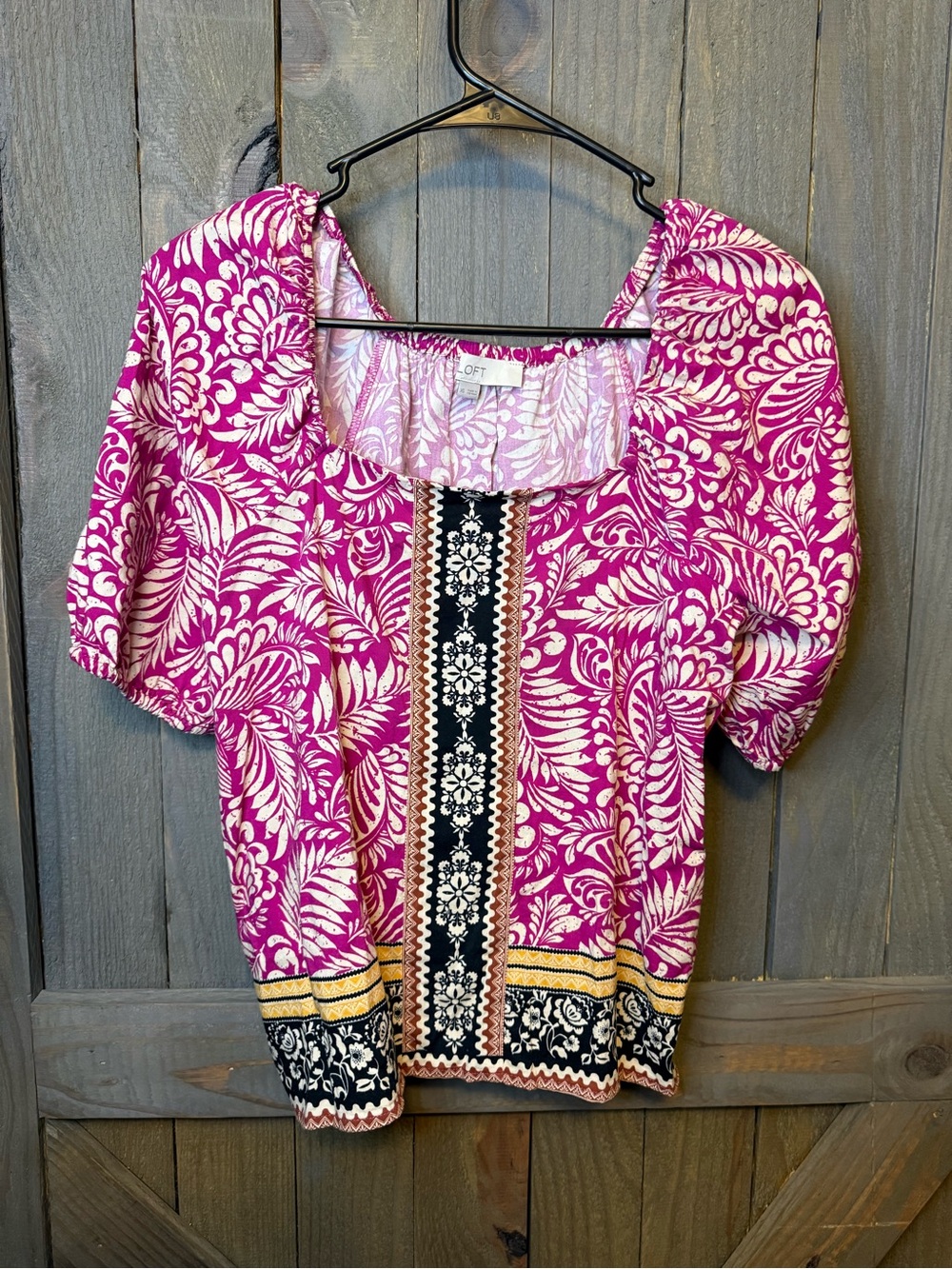 LOFT Fuchsia and Cream Floral Square-Neck Blouse with Black Trim